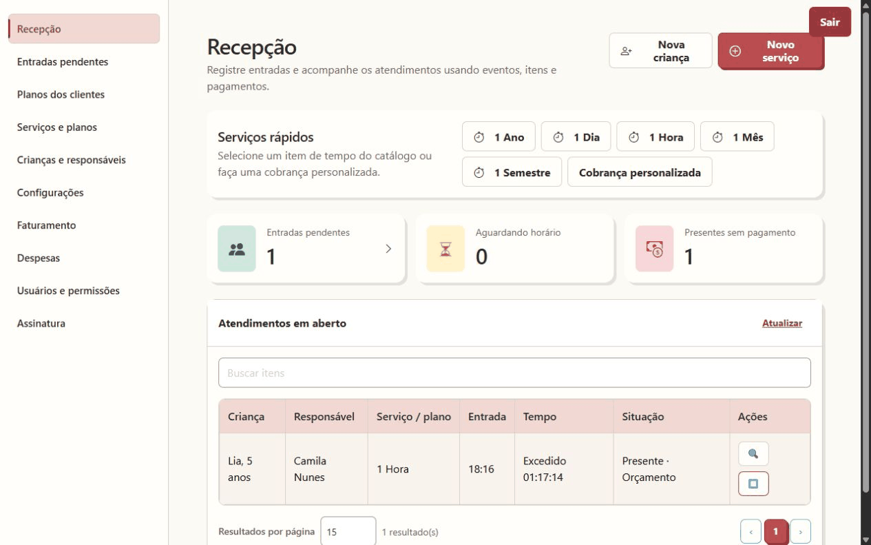 Navegação real no desktop pela recepção, crianças, entradas pendentes e planos do modo salão.