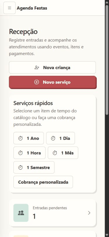 Navegação móvel pela recepção, menu, crianças e entradas pendentes do modo salão.